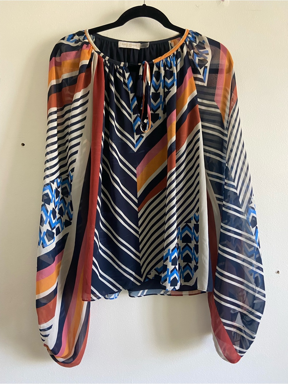 Ramy Brook Vibrant Geometric Partern Tie Neck Blouse Flowy Lightweight Size M - Picture 3 of 8